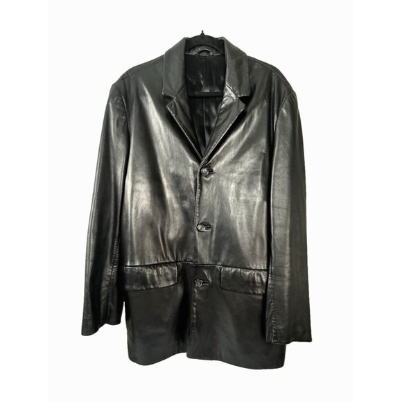 VTG Brooks Brothers Y2K Mens Black Leather Blazer M Old Money Quiet Luxury Layer - Picture 1 of 16